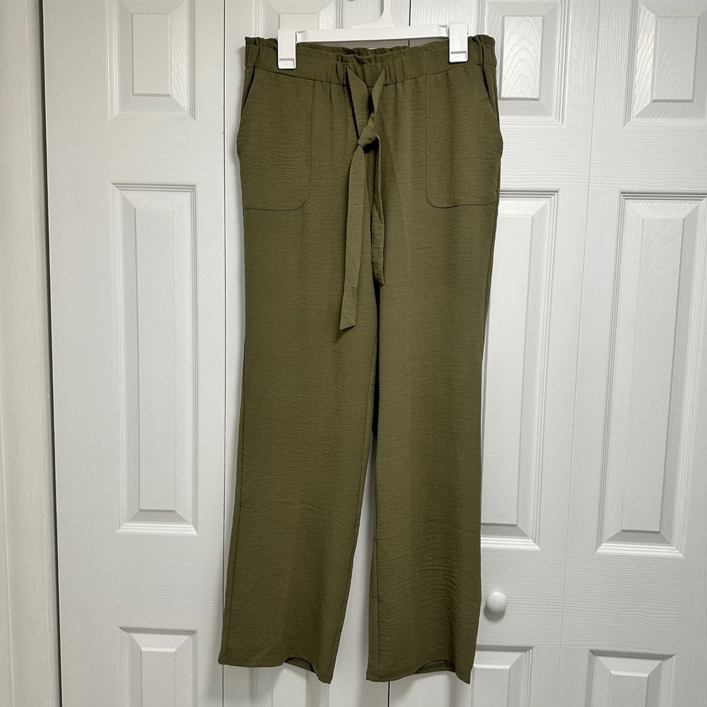 Chloe + Jasmine Olive Green Wide Leg Paperbag Waist Tie Pants Sz M